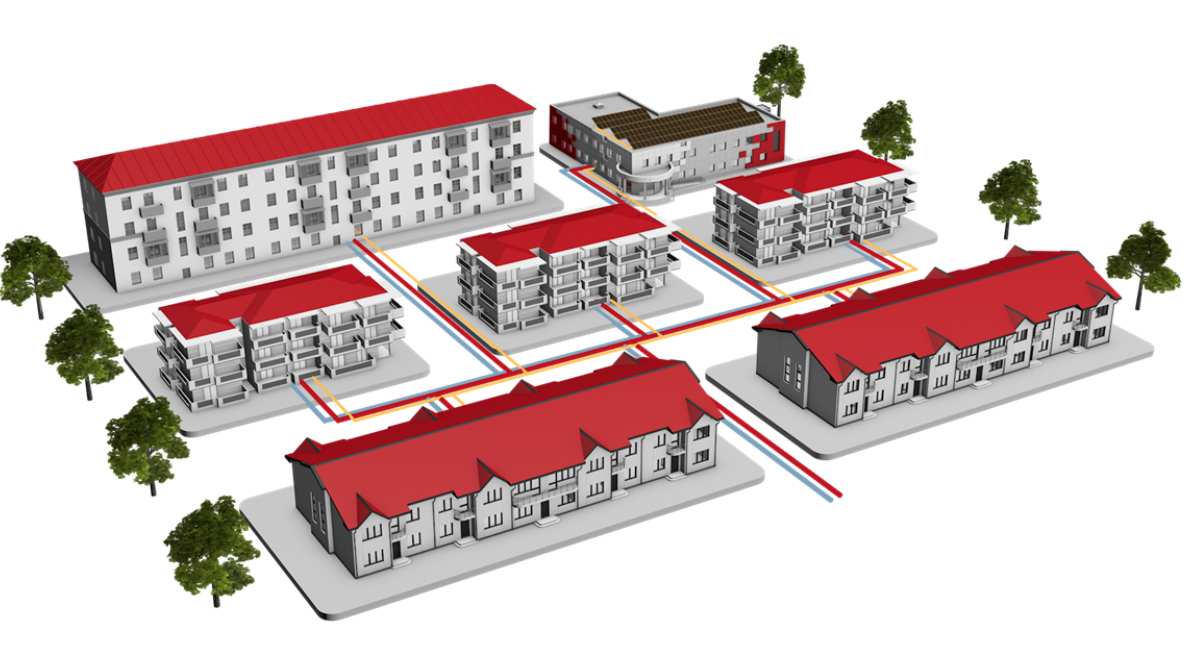 Grafische Darstellung der Quartierlösung mit Wärmepumpen für ganze Wohngebiete